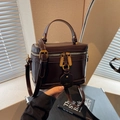 Retro dark brown box shaped handbag with glossy finish and adjustable shoulder strap - Coffee