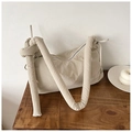 Minimalist beige padded nylon tote bag with unique knotted shoulder strap detail - Beige
