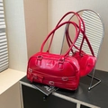 Borsa a mano bowling rossa lucida in pelle PU con fiocco decorativo e fibbia argento - Rosso
