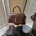 Vintage dark brown square handbag with gold buckle and adjustable shoulder strap - Brown