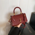 Retro burgundy square handbag with gold lock hardware and adjustable shoulder strap - Red