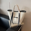 Minimalist cream canvas tote bag with black leather trim and detachable shoulder strap - Off-white