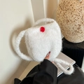 Furry white bucket bag with red spherical clasp and plush crossbody shoulder strap - White