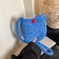 Chic blue wool bucket bag for women featuring a red plush button and shoulder strap - Blue