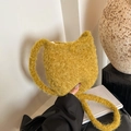 Fashionable ginger yellow faux fur bucket bag with cute cat ear design for women - Yellow