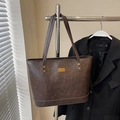 Vintage dark brown PU leather tote bag with gold stud details and slim shoulder straps - Brown