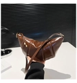 Detail of glossy brown croissant bag with pleated texture and gold metal buckle - Brown