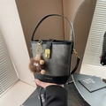 Grey canvas and black leather bucket bag with a cute brown monster plush charm - With Charm / Black