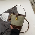 Retro fruit green canvas bucket bag with dark brown leather trim and plush charm - With Charm / Dark Brown