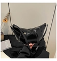 Glossy black croissant shoulder bag in crescent shape with minimalist stitching detail - Black
