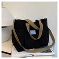 Sac cabas en velours côtelé noir avec anses kaki et étiquette tissée mode - Noir