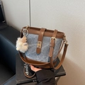 Retro denim bucket bag with brown leather trim and cute plush bear charm decoration - Blue with Charm