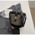 Retro bucket bag in dark grey canvas and black leather with golden metal lock - Dark Tea Brown (No Charm)