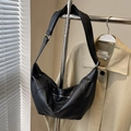 Minimalist black hobo shoulder bag with matte leather texture and adjustable strap - Black