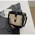 Beige canvas and black leather bucket bag with gold clasp and adjustable strap - White & Black (No Charm)