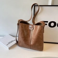 Minimalist brown leather tote bag with bucket shape and adjustable shoulder strap - Beige Khaki Without Charm