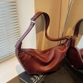Burgundy ruched crescent shoulder bag in premium PU leather with wide strap detail - Ancorra Red