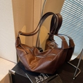 Deep brown vintage oil-wax leather hobo bag with adjustable strap and silver zipper - Brown