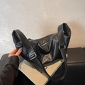 Black vintage pleated leather shoulder bag with adjustable wide strap and silver buckle - Black