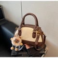 Retro contrast color Boston handbag with adjustable strap and cute sheep charm pendant - With Charm / Off White
