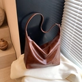Retro large capacity dark brown oil wax leather shoulder bag with vintage texture - Brown