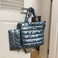 Metallic blue-grey quilted puffer tote bag with matching zipper pouch and strap - Blue With Small Pouch