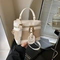 Vintage box bag in beige leather and khaki canvas with gold zipper and shoulder strap - White