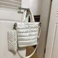 Off-white quilted puffer tote bag set with matching pouch and adjustable strap - Pearl White With Small Pouch