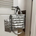 Quilted silver tote bag set with metallic finish and adjustable shoulder strap - Silver With Small Pouch