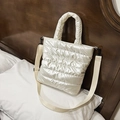Pearl white quilted down puffer tote bag with glossy finish and adjustable shoulder strap - Pearl White Without Small Pouch