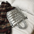 Chic silver quilted puffer tote bag with detachable shoulder strap in large capacity - Silver Without Small Pouch