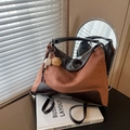 Brown suede patchwork hobo tote bag with baseball charm and branding detail - With Charm / Brown