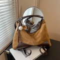 Brown suede and leather tote bag with round metal handle and baseball charms - With Charm / Brown
