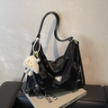 Glossy black tote bag with crystal triangle decor and white plush doll charm - Black with Pendant