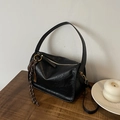 Retro black textured leather small square bag with golden hardware and shoulder strap - With Pendant / Black