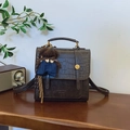 Dark brown retro backpack with crocodile pattern flap and cute teddy bear pendant - Coffee with Pendant