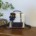 Women's cream and brown backpack with crocodile pattern flap and bear pendant - Cream White With Pendant