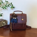 Chic brown leather backpack with crocodile pattern flap and plush bear charm - Red with Pendant