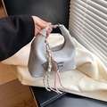 Gray half-moon handbag in matte leather with tennis racket charm and metal lettering - Blue