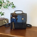 Fashionable black faux leather backpack with crocodile texture and cute bear charm - Black With Pendant