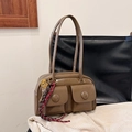 Brown vintage faux leather shoulder bag with multiple pockets and heart lock charm - Brown with Pendant