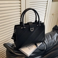 Chic black litchi pattern leather tote bag with stitch detail and horseshoe buckle - Black