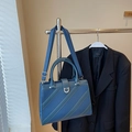 Dark blue pebbled leather tote bag with metallic buckle and detachable shoulder strap - Blue