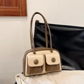 Contrast color leather underarm bag in beige and dark coffee with double front pockets - Khaki