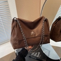 Vintage brown suede and leather tote bag with elegant gold chain strap detail - Coffee