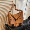Caramel nylon tote bag with utility buckle pockets and gathered shoulder strap - Khaki