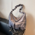 Smoky grey nylon tote bag with pleated shoulder straps and tactical buckle pockets - Gray