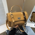 Chic khaki small square handbag with silver metal twist lock and designer charm detail - With Charm / Khaki