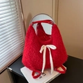 Borsa tote rossa in peluche con fiocco bianco e manici rotondi in metallo argento - Rosso