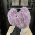 Furry lavender heart-shaped shoulder bag with silver bead chain and soft plush texture - Purple